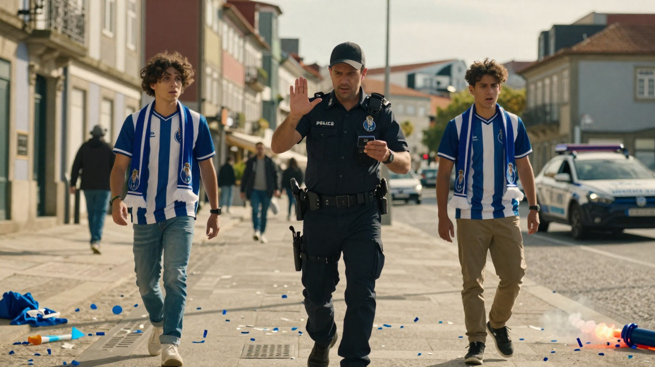 Polícia a caminhar entre dois jovens com camisolas e cachecóis de futebol azuis e brancos numa rua com movimento.