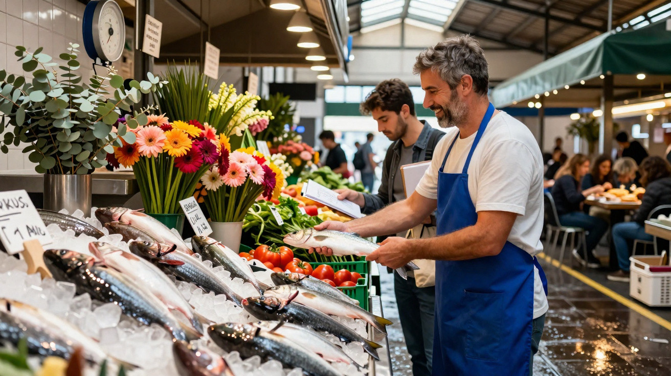 Homem com avental azul seleciona peixe fresco em mercado com flores e legumes ao fundo.