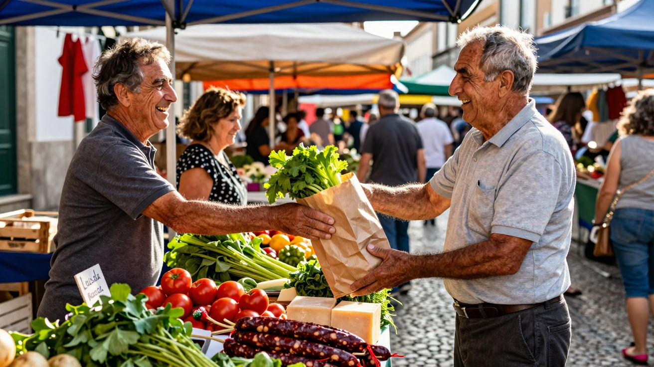 Homem compra legumes num mercado ao ar livre, sorrindo enquanto recebe saco de papel com vegetais.