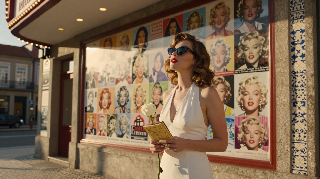 Mulher vestida de branco com óculos escuros e rosa branca na mão, em frente a muro com cartazes de Marilyn Monroe.