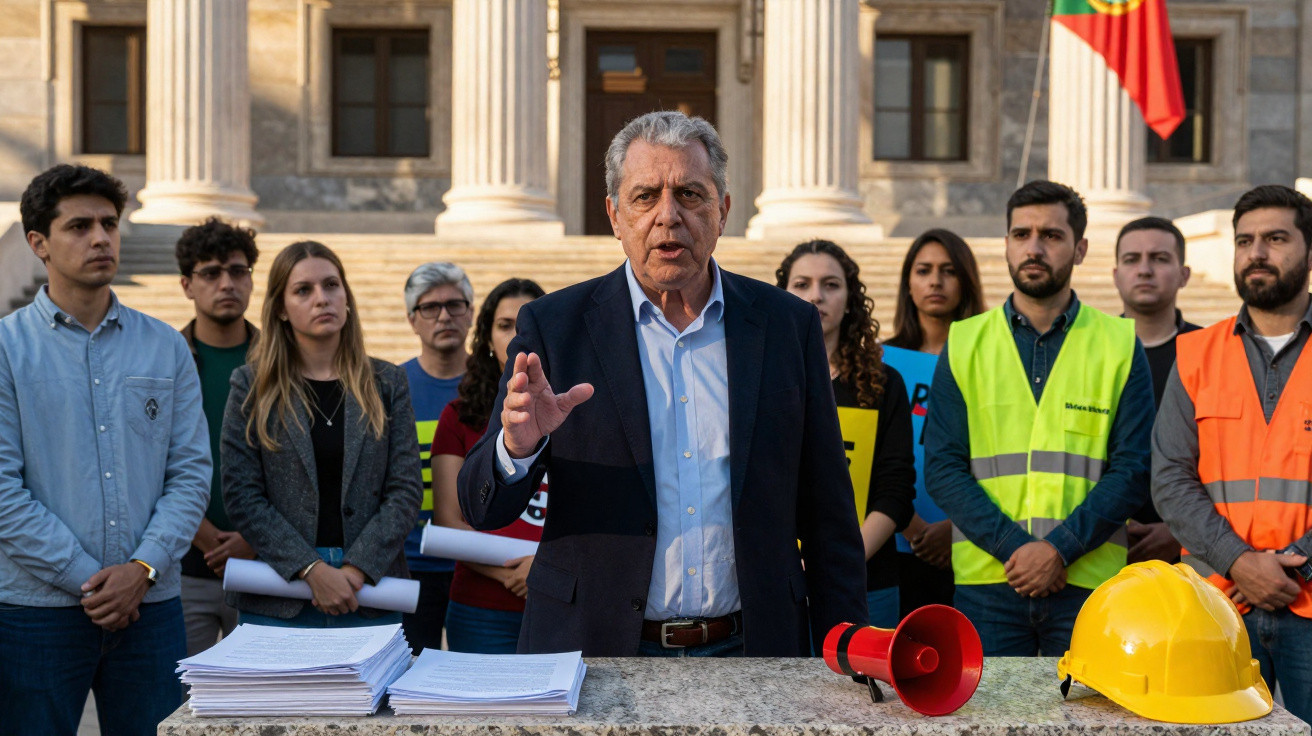 Homem a discursar com grupo diverso atrás, capacete e megafone numa frente de edifício oficial com bandeira de Portugal.