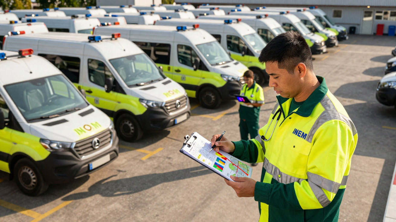 Homem de uniformes amarelo e verde com prancheta perto de várias ambulâncias estacionadas em fila.
