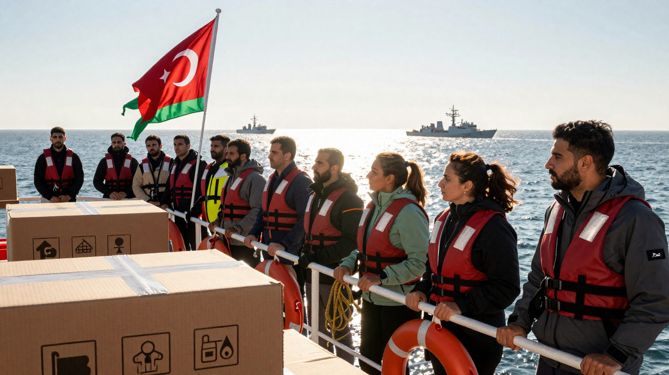 Grupo de pessoas com coletes salva-vidas junto a caixas de ajuda humanitária a bordo de barco com bandeira do Azerbaijão.
