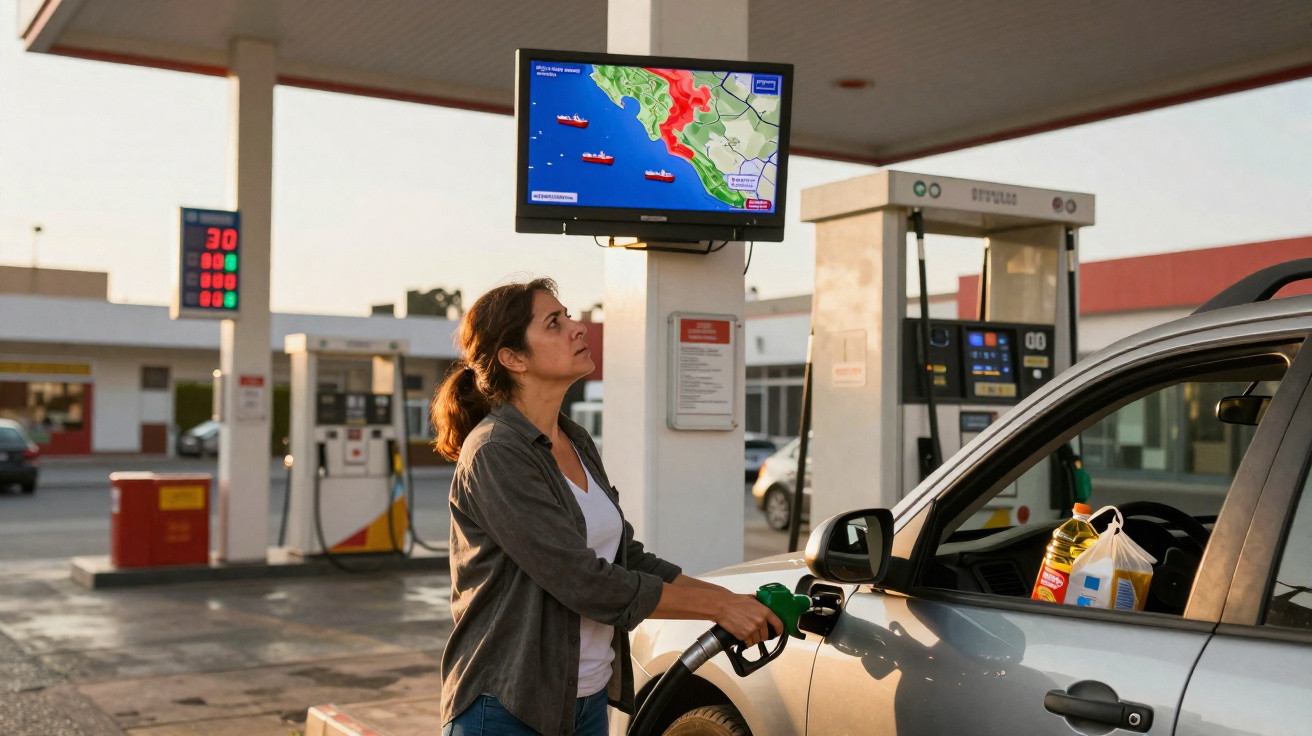 Mulher a abastecer carro num posto de combustível com ecrã de informações meteorológicas visível.