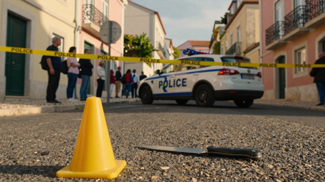 Fita policial a fechar uma rua com uma viatura da polícia, cone amarelo e faca no chão.