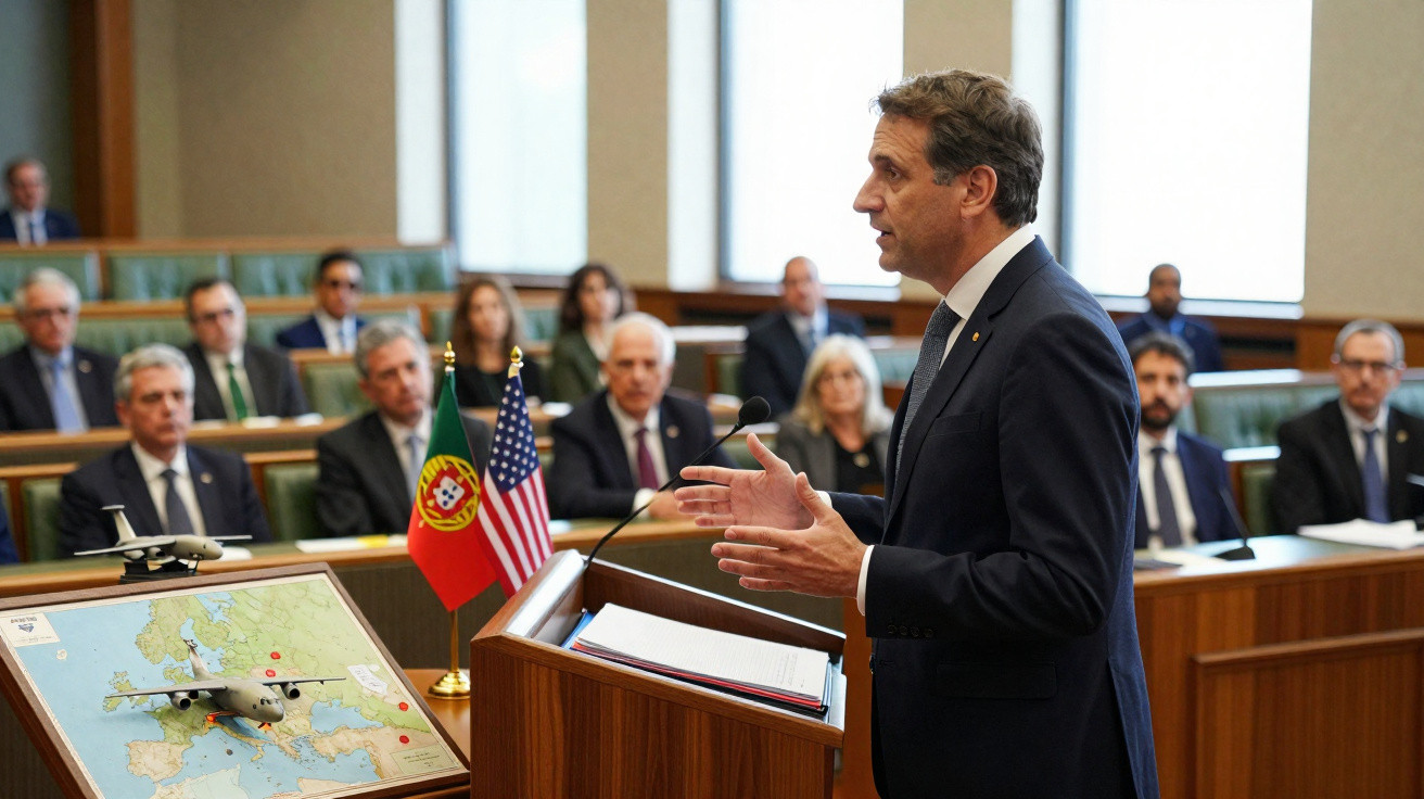 Homem de fato a discursar num pódio com bandeiras de Portugal e EUA, perante audiência numa sala de reuniões.