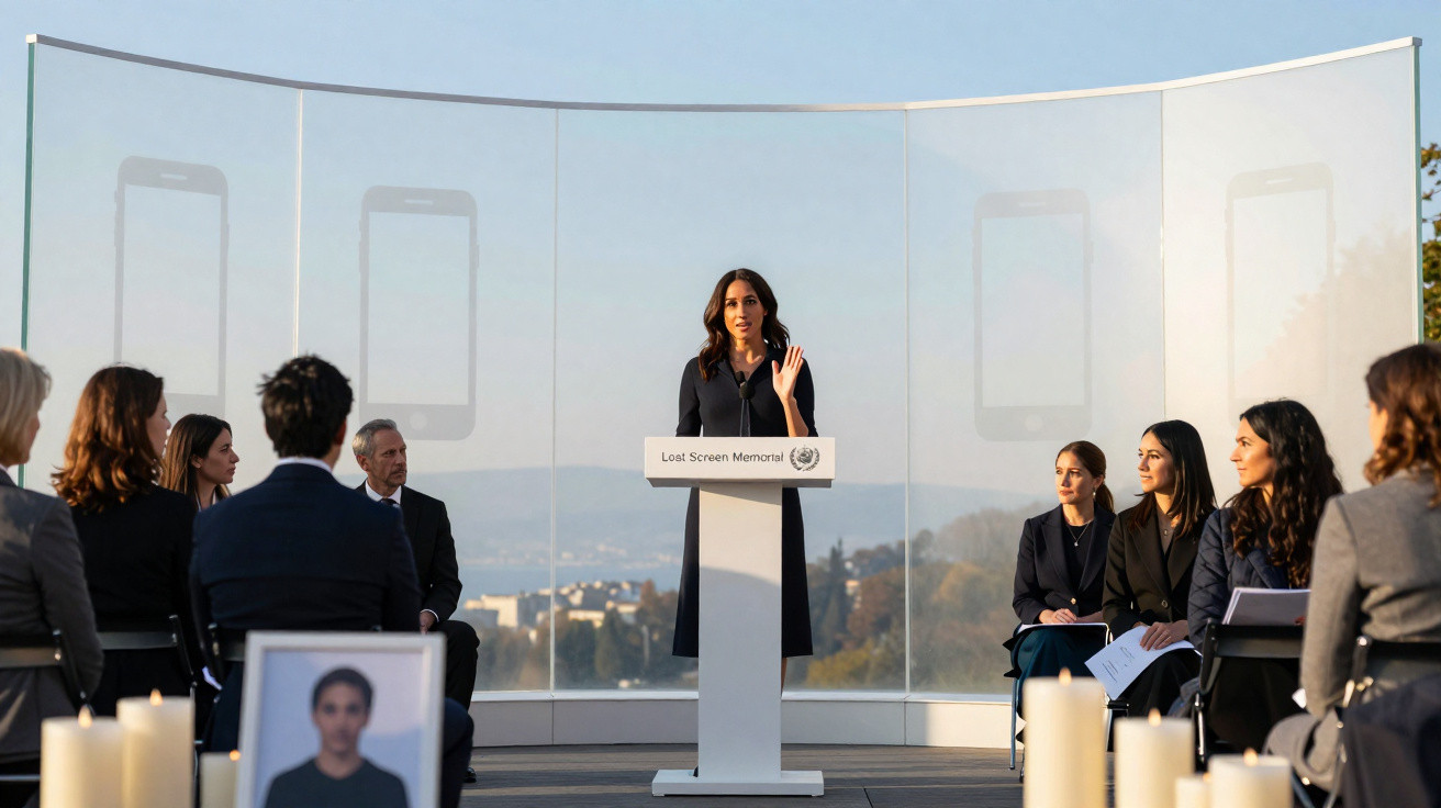 Mulher fala num pódio no memorial Lost Screen com várias pessoas sentadas e velas no local.