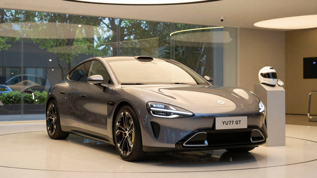 Carro desportivo elétrico cinza estacionado em exposição numa sala moderna com capacete branco ao lado.