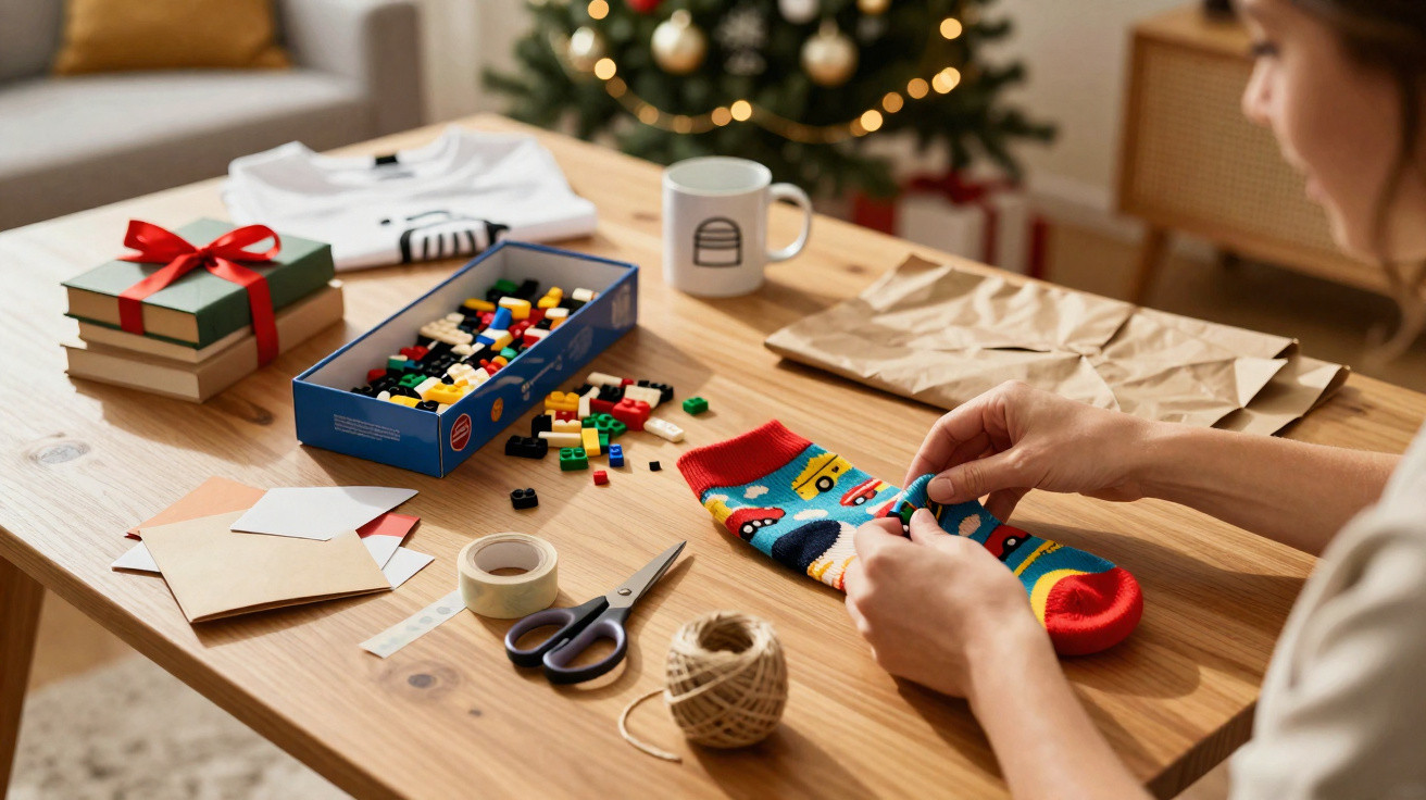 Pessoa a encher uma meia colorida com brinquedos de construção junto de uma árvore de Natal decorada.