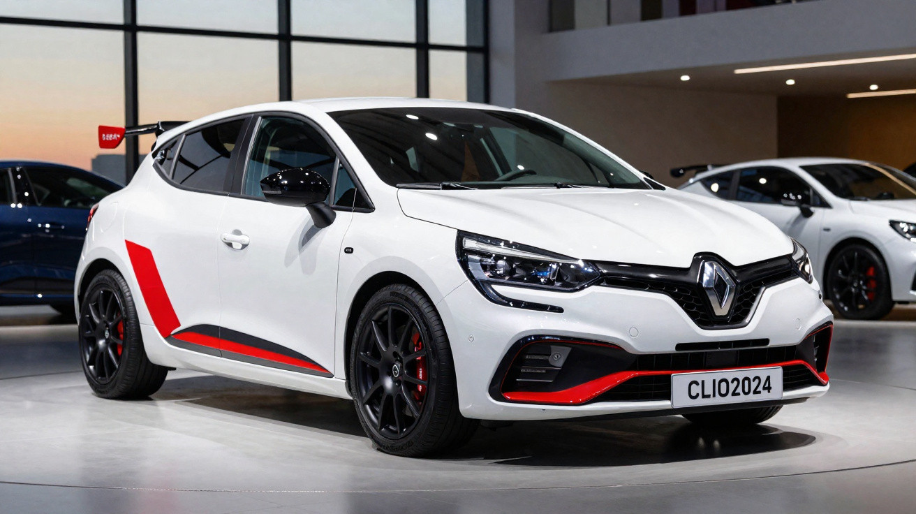 Renault Clio branco com detalhes vermelhos e rodas pretas exposto num salão automóvel moderno.