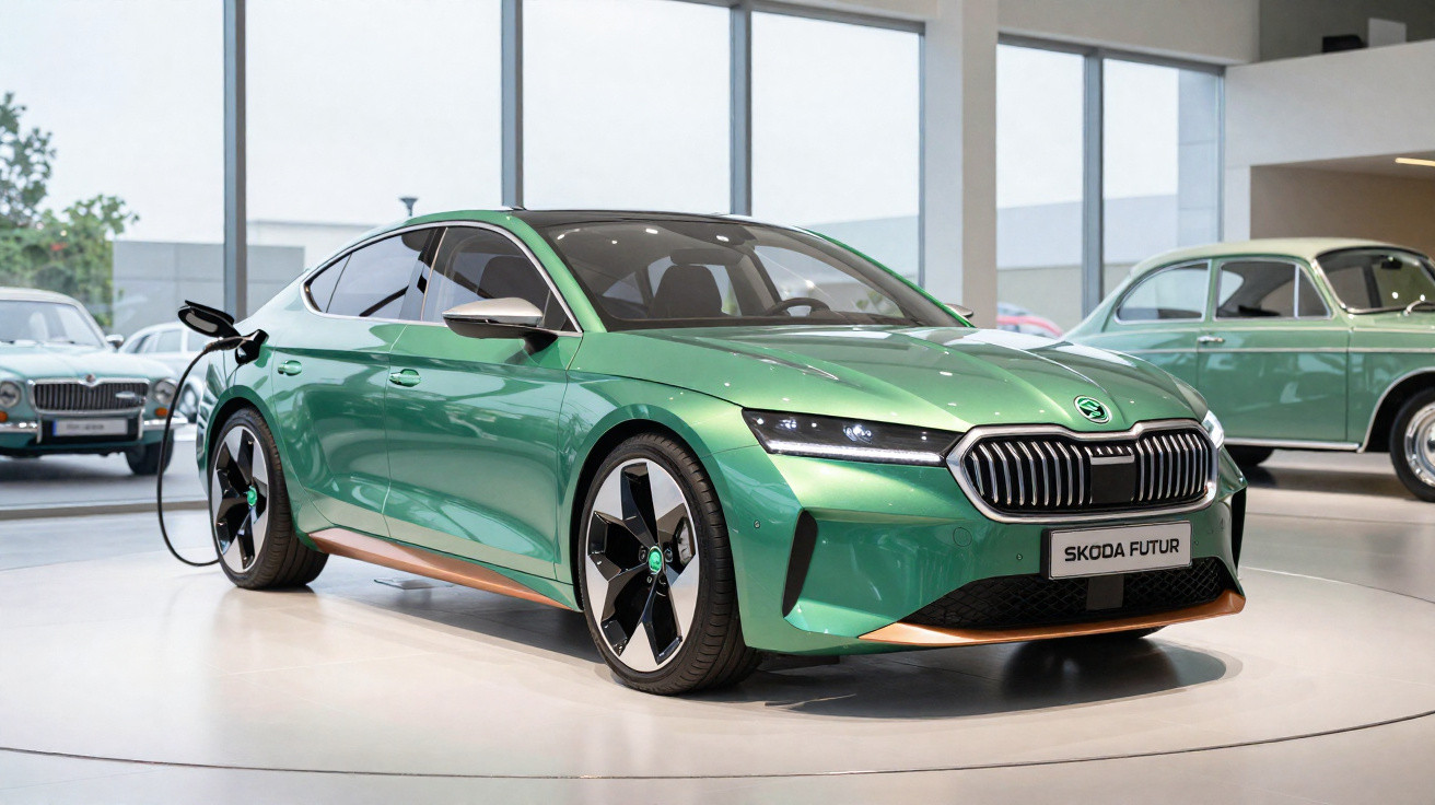 Carro elétrico verde Škoda Futur em exposição, ligado a um carregador, com carros clássicos ao fundo.