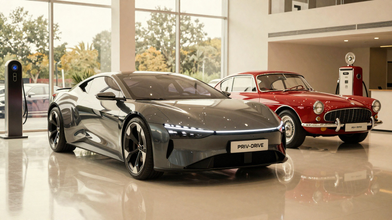 Dois carros, um eléctrico futurista cinza e um clássico vermelho, expostos em showroom com carregador elétrico.