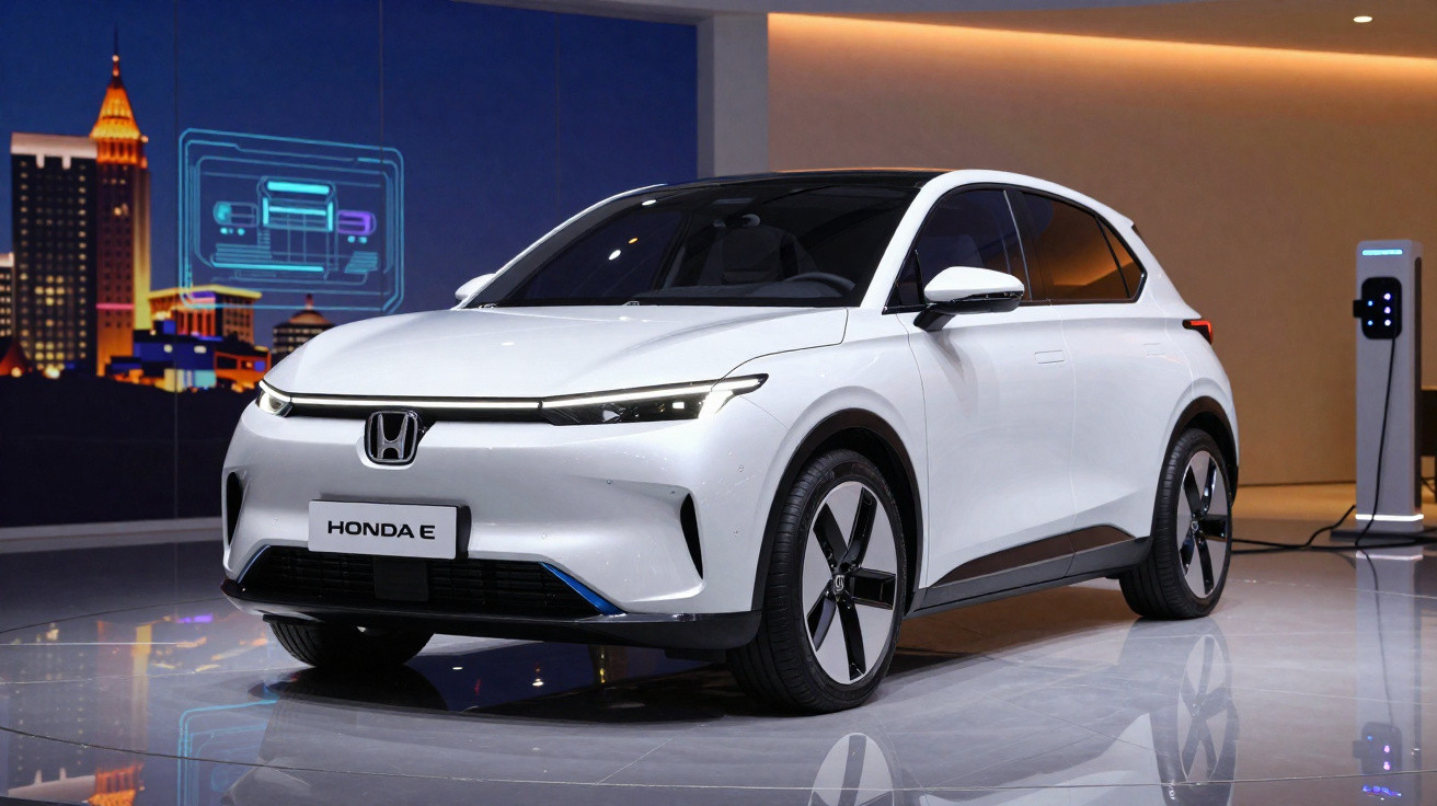 Carro elétrico branco Honda e estacionado em ambiente interior com posto de carregamento ao fundo.