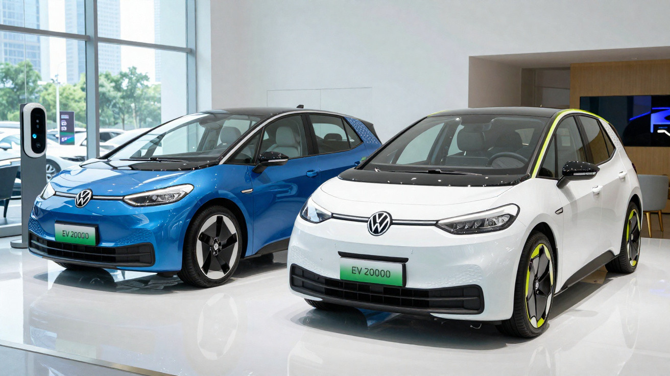 Dois carros elétricos Volkswagen EV 20000, um branco e outro azul, numa sala de exposição moderna.