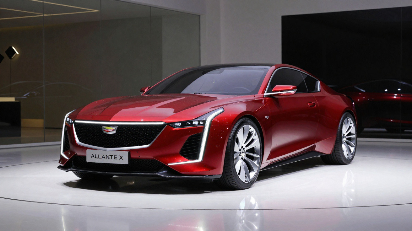 Carro desportivo vermelho Cadillac Allante X em exposição, com design moderno e faróis LED.