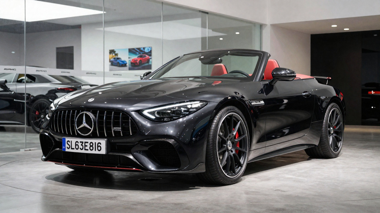 Mercedes-Benz AMG preto conversível com interior vermelho exibido numa garagem moderna com paredes de vidro.