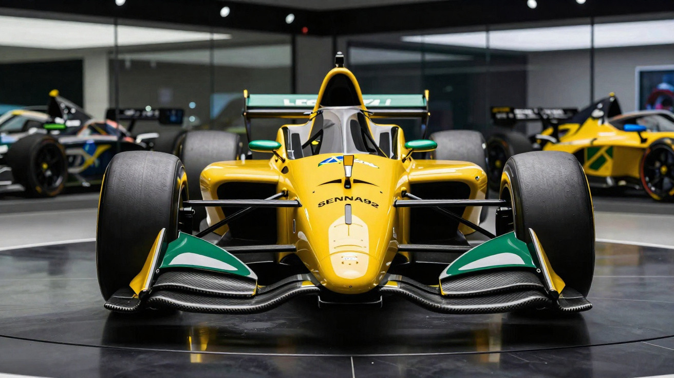 Carro de Fórmula 1 amarelo e verde em exposição num museu, com pneus largos e design aerodinâmico.