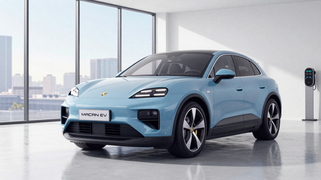 Carro elétrico azul Porsche Macan EV estacionado em espaço interior moderno com carregador elétrico.