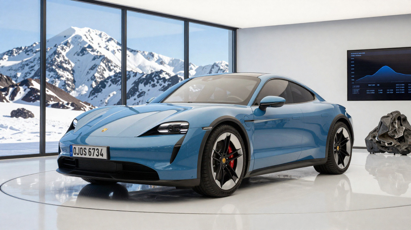 Carro elétrico desportivo azul num salão moderno com grandes janelas a mostrar montanhas nevadas.
