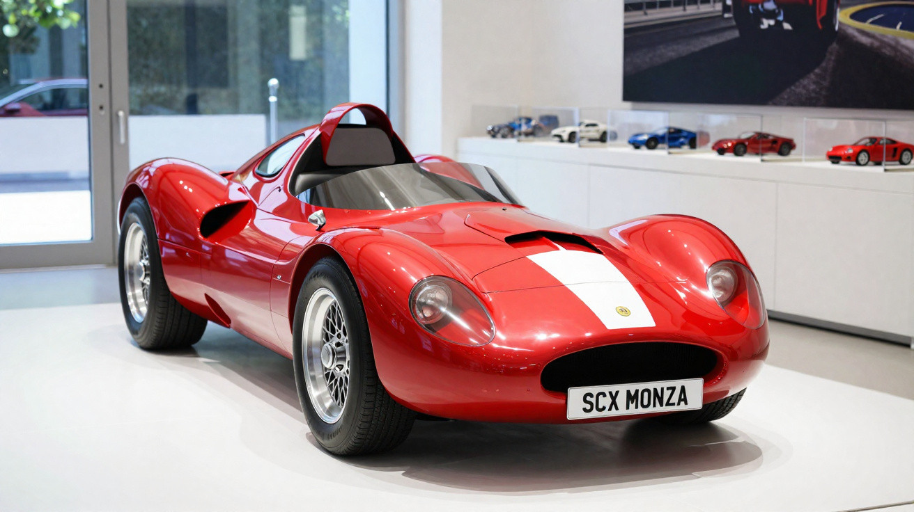 Carro desportivo clássico vermelho com faixa branca e matrícula SCX Monza em exposição interior moderna.