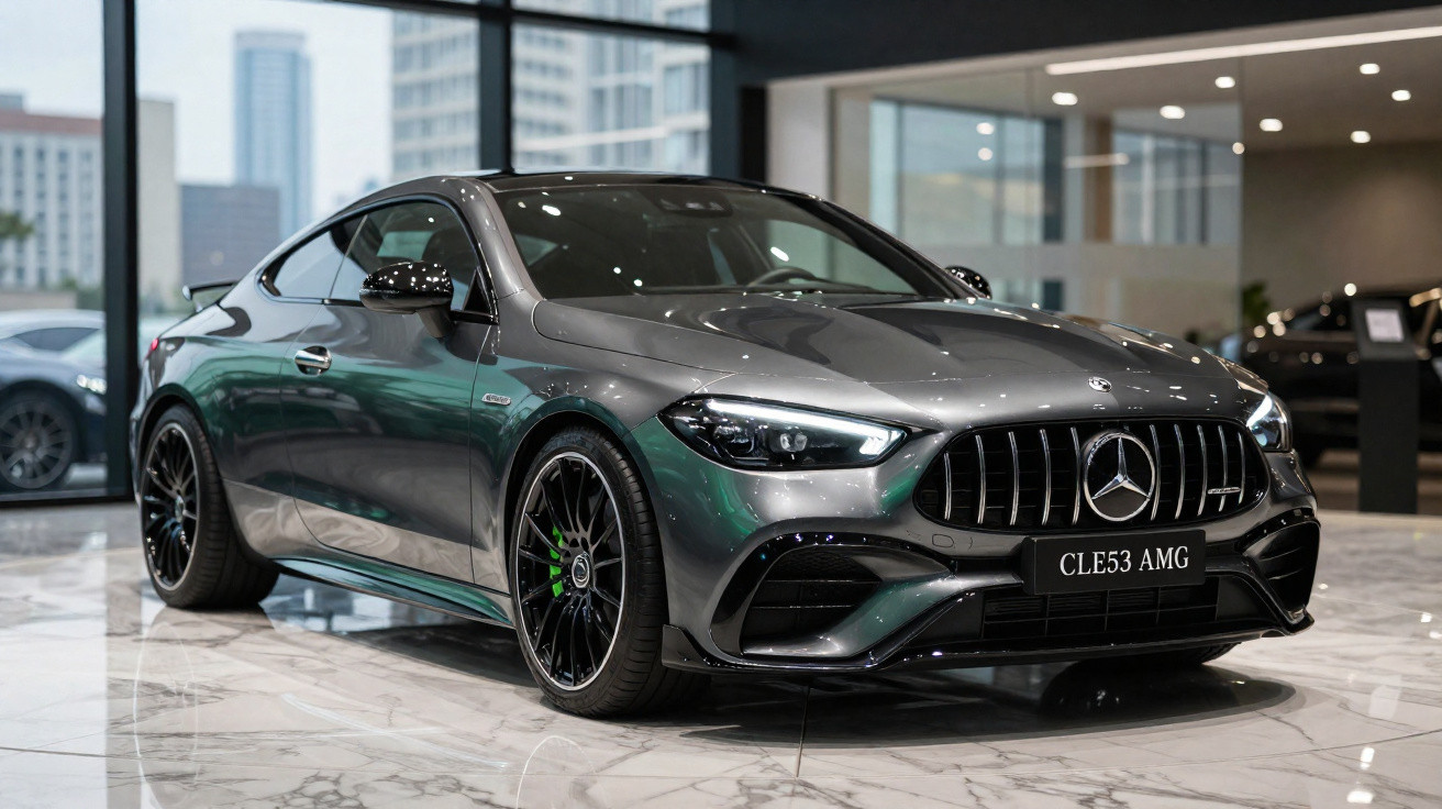 Carro desportivo Mercedes-Benz CLE53 AMG cinzento escuro estacionado em showroom moderno com janelas amplas.