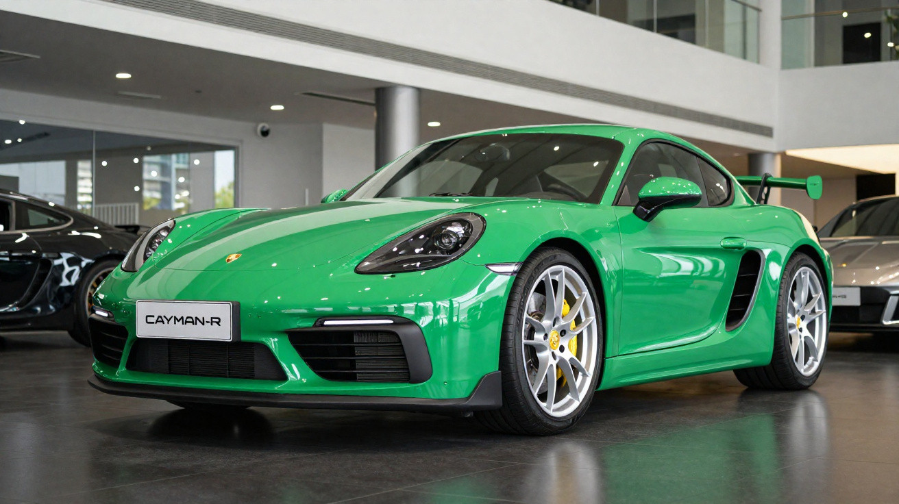 Carro desportivo Porsche Cayman-R verde exibido num salão automóvel moderno.