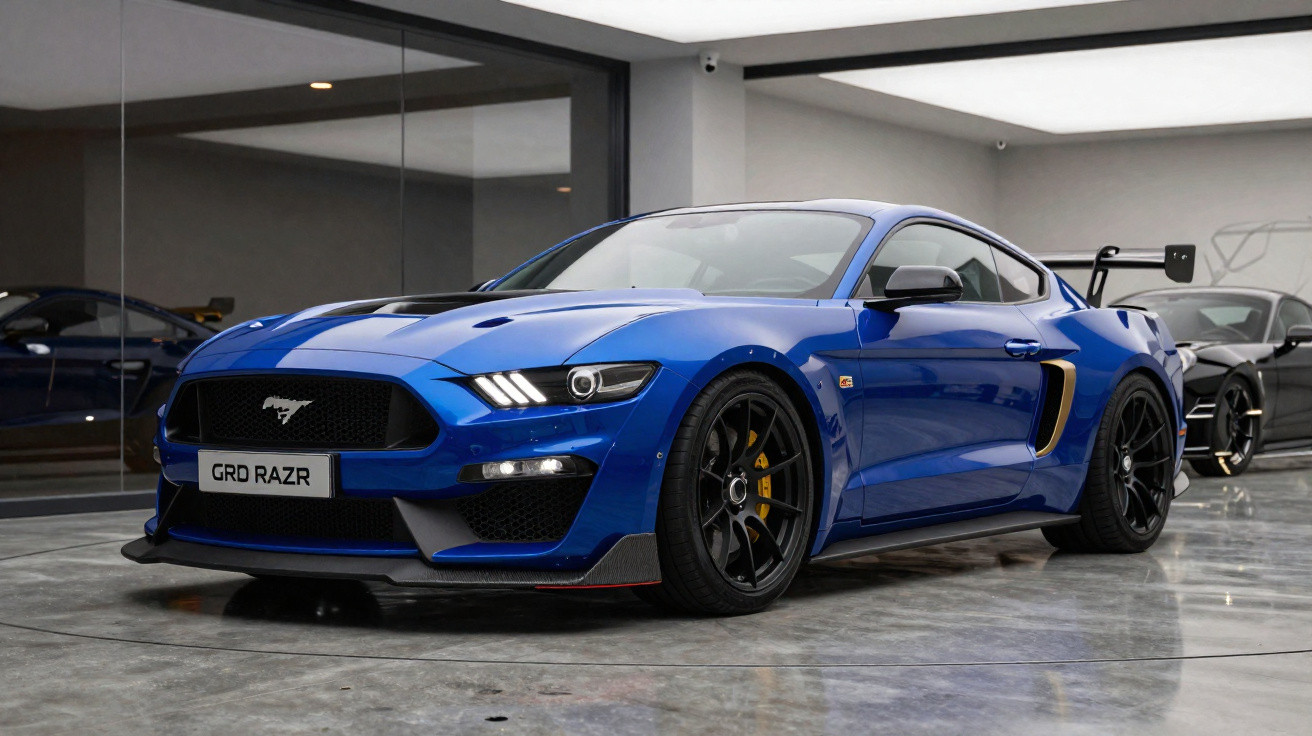 Carro desportivo azul Ford Mustang GRD RAZR com spoiler traseiro numa garagem moderna.