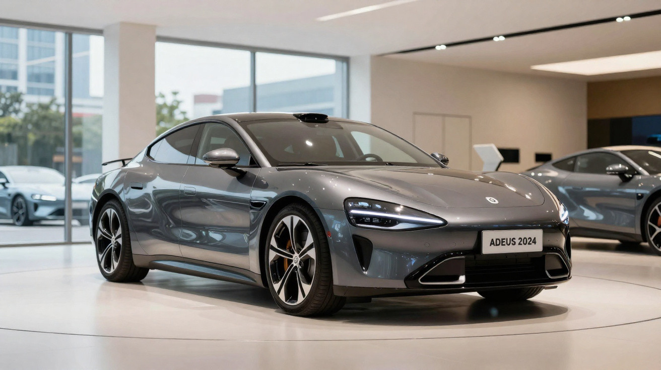 Carro desportivo cinzento elétrico expositor com placa "ADEUS 2024" em salão moderno e iluminado.