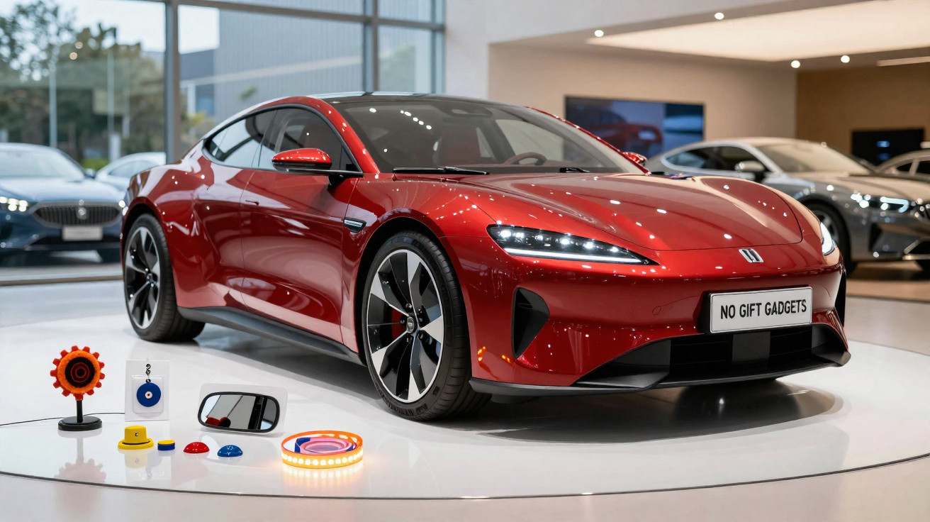 Carro desportivo elétrico vermelho exposto em salão com acessórios tecnológicos em primeiro plano.