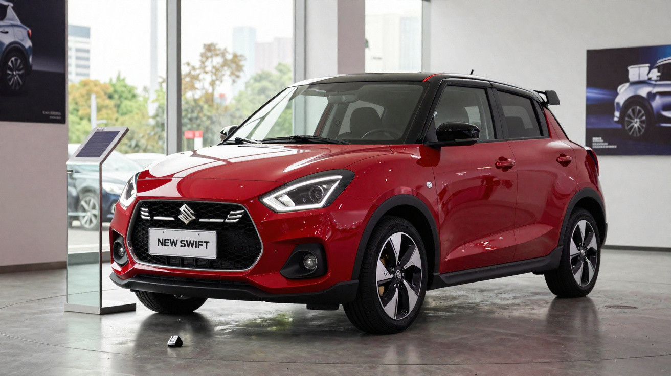 Carro Suzuki New Swift vermelho em exposição num showroom moderno com grandes janelas.