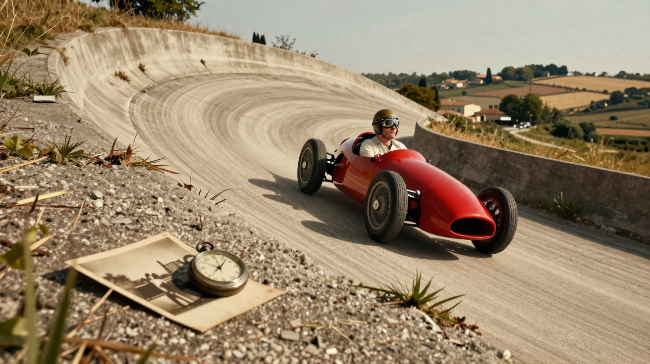 Carro de corrida vintage vermelho a acelerar numa curva estreita de pista em cenário rural.
