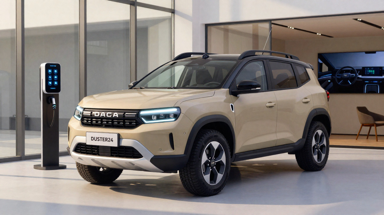 SUV Dacia Duster cor bege estacionado ao lado de carregador elétrico numa garagem moderna.