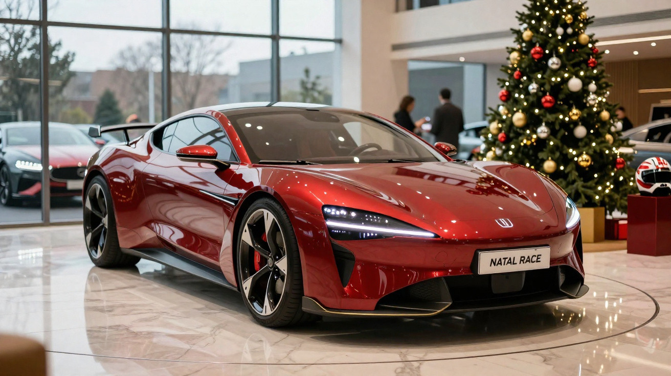 Carro desportivo vermelho brilhante exibido em salão decorado com árvore de Natal e presentes.