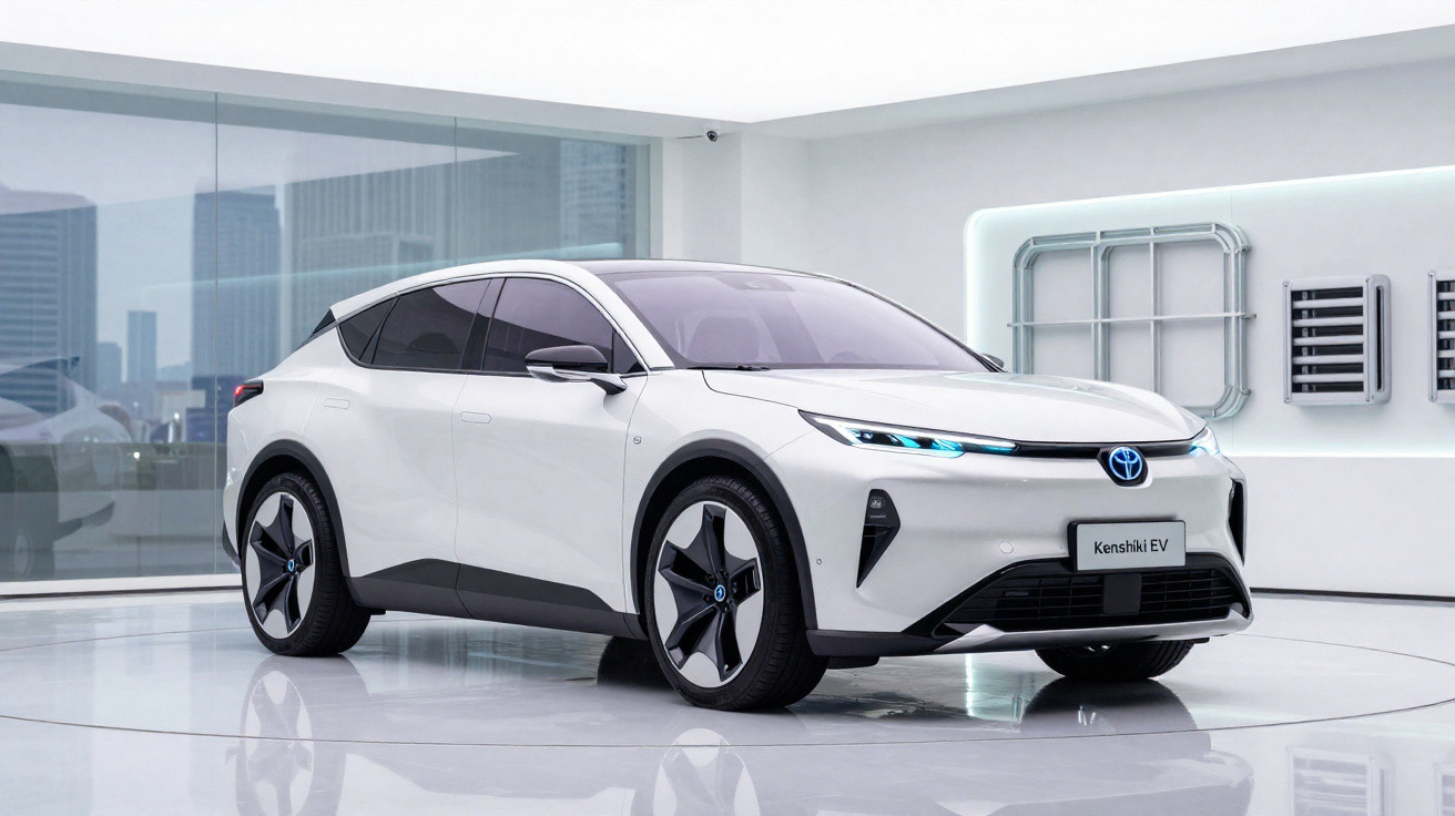 Carro elétrico branco Toyota Kenshiki EV em exposição num ambiente moderno com vidro e iluminação branca.