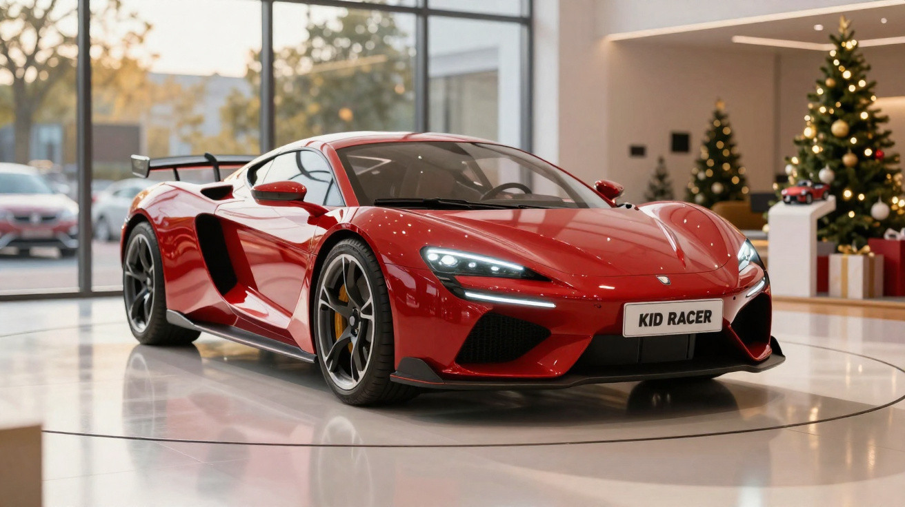Carro desportivo vermelho com luzes ligadas exposição em showroom decorado para Natal.