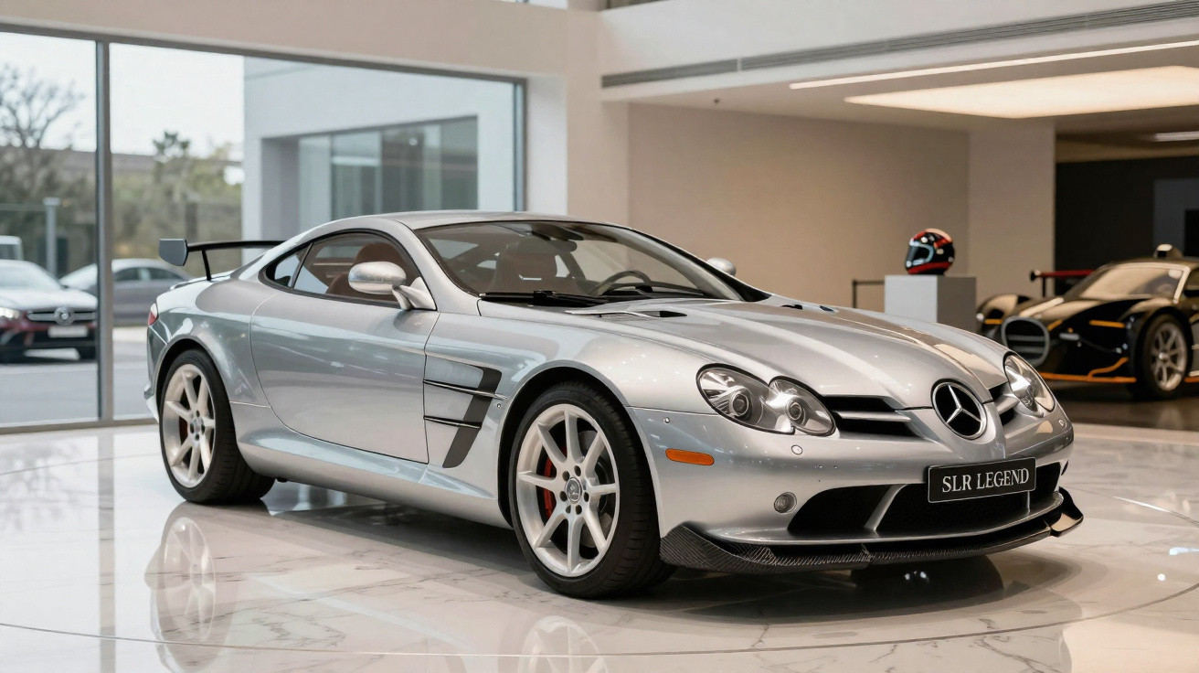 Carro desportivo Mercedes-Benz SLR prateado em exposição numa sala com chão de mármore.