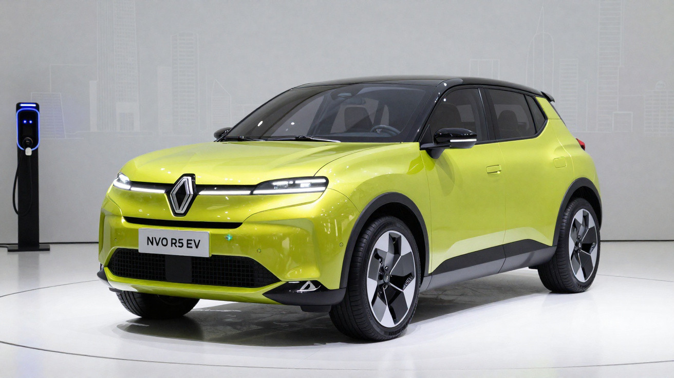 Carro elétrico Renault NVO R5 EV amarelo brilhante em exposição, junto a estação de carregamento.