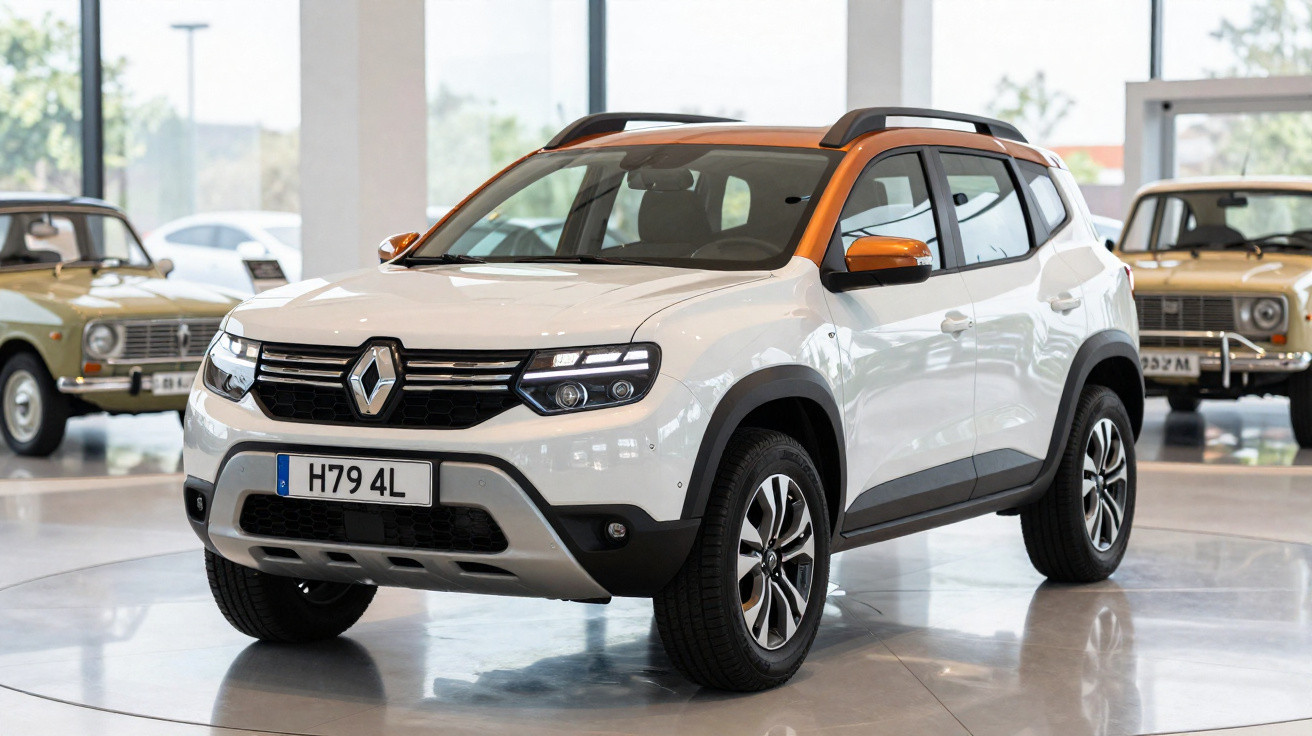 SUV Renault branco com tejadilho laranja exposto em showroom com carros clássicos ao fundo.