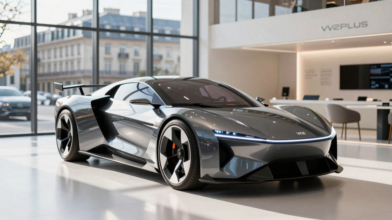 Carro desportivo elétrico cinzento metálico V12 exibido numa sala moderna com janelas amplas.