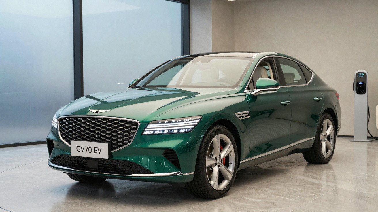 Automóvel elétrico verde GV70 EV estacionado num espaço interior moderno com carregador visível.