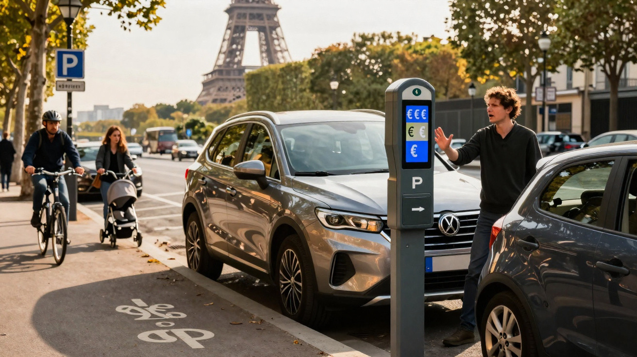 Homem junto a parquímetro entre carros estacionados com Torre Eiffel ao fundo numa rua movimentada de Paris.