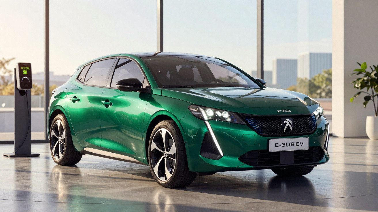 Carro elétrico verde Peugeot e-308 EV estacionado em ambiente interior moderno junto a posto de carregamento.