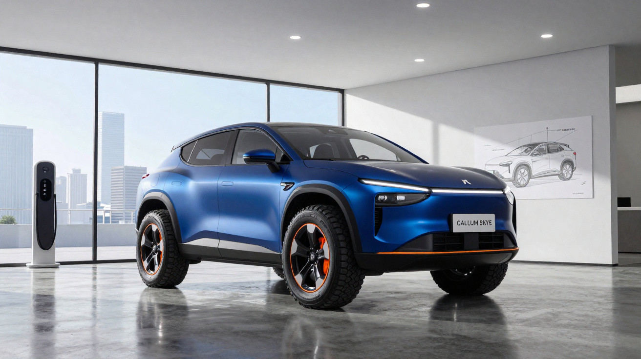 Carro elétrico SUV azul moderno estacionado num espaço interior com parede de vidro e posto de carregamento.