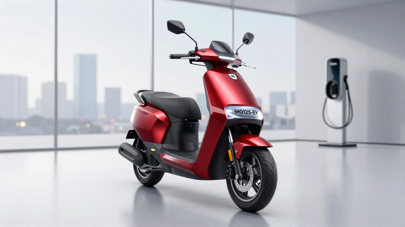 Scooter elétrica vermelha estacionada num espaço moderno com parede de vidro e posto de carregamento.