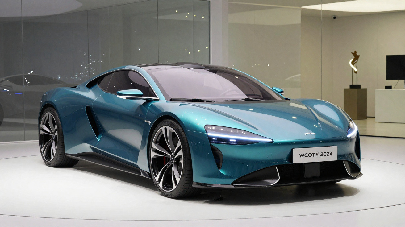 Carro desportivo azul metálico elétrico exposto em ambiente moderno com iluminação branca.
