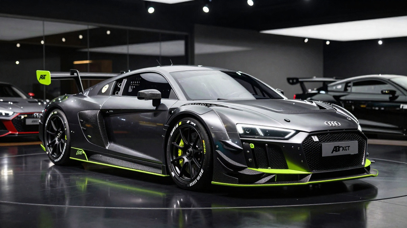 Carro desportivo Audi ABT XGT preto com detalhes em verde em sala de exposição moderna.