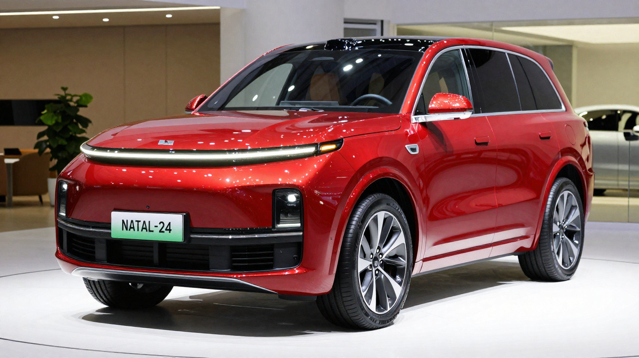 Automóvel SUV elétrico vermelho exposto em salão, com design moderno e luz dianteira contínua.