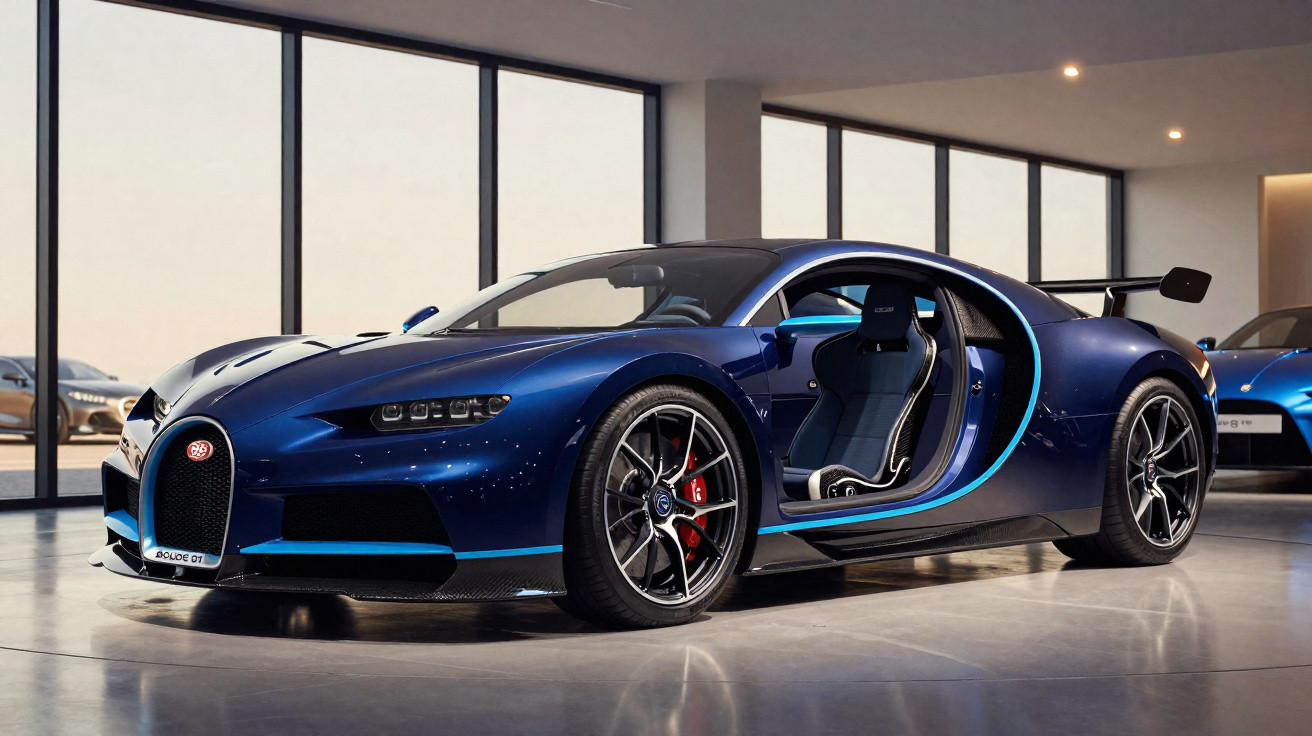Bugatti Chiron azul com porta aberta, apresentado num showroom moderno com grandes janelas de vidro.