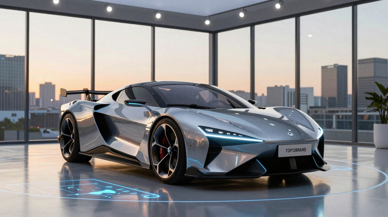 Carro desportivo prateado futurista numa sala moderna com grandes janelas e vista urbana ao pôr do sol.
