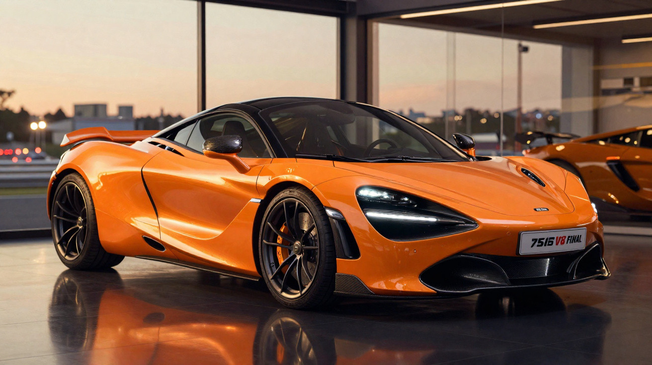Carro desportivo McLaren 765LT V8 laranja brilhante num showroom com reflexos no chão.